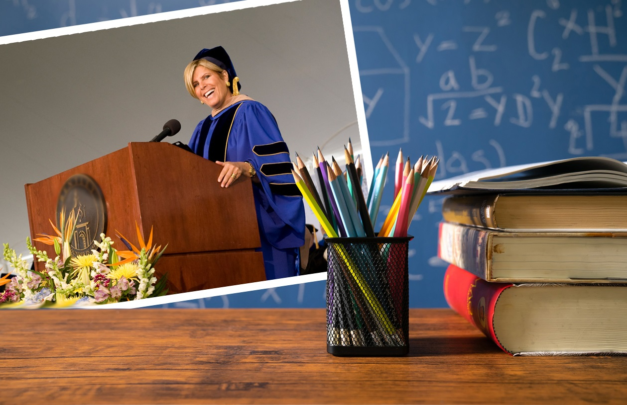 Suze Orman speaks at a college commencement ceremony. 