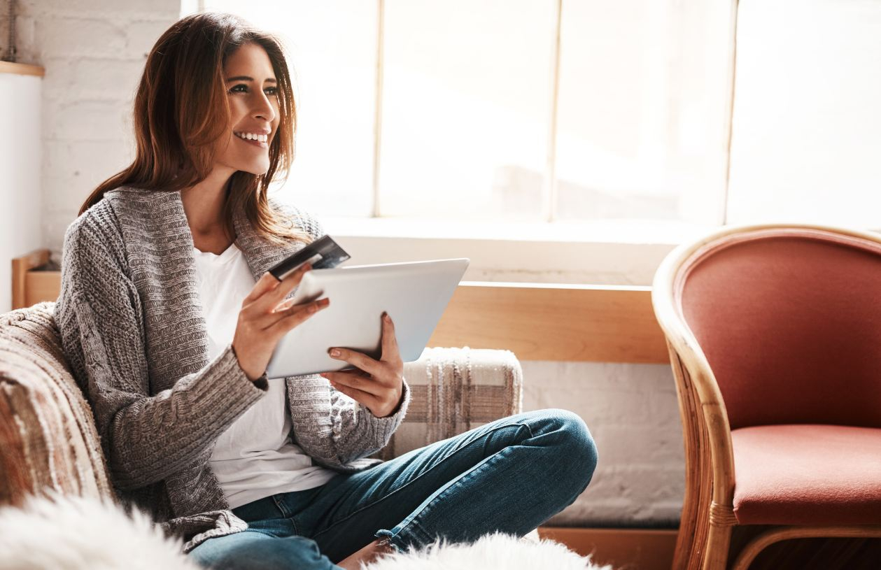 A woman checks her credit score