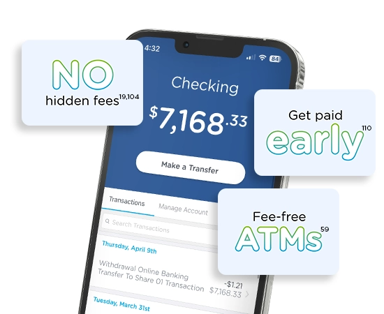 Image of Alliant mobile app showing checking account with callouts of No hidden fees, Get paid early, and Fee-free ATMs